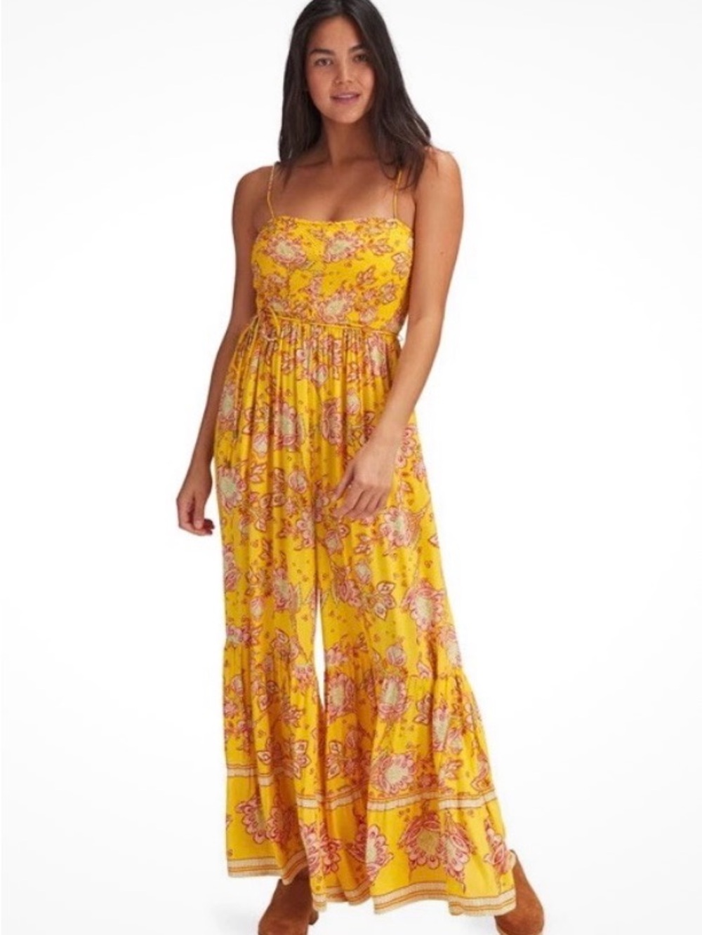 Free People Yellow Floral Wide-Leg Spaghetti-Strap Jumpsuit